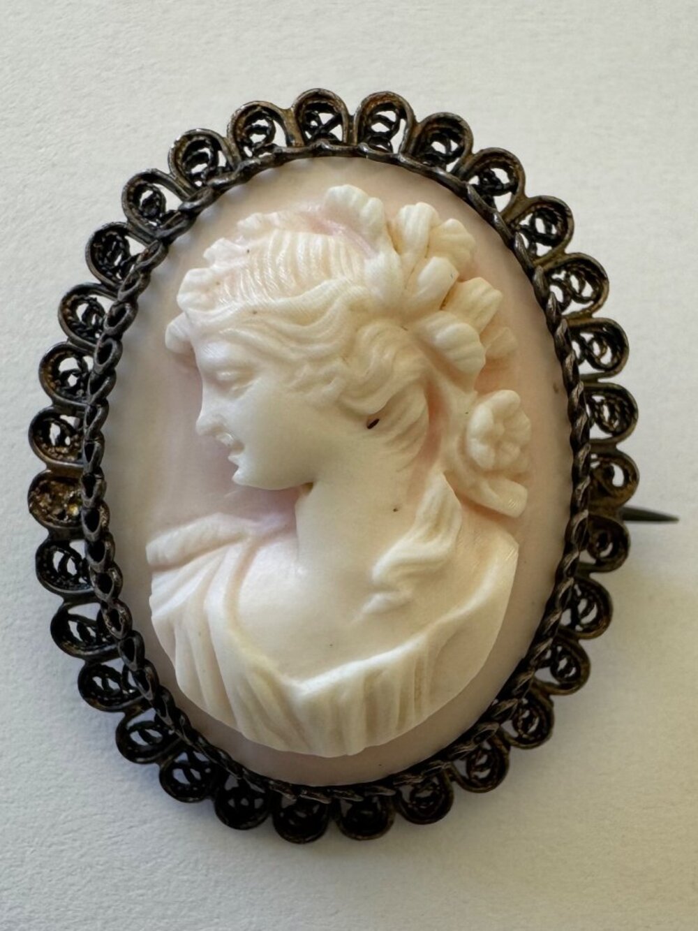 Antique Pink Coral Cameo Brooch Gold Vermeil Sterling Filigree Lady Pin